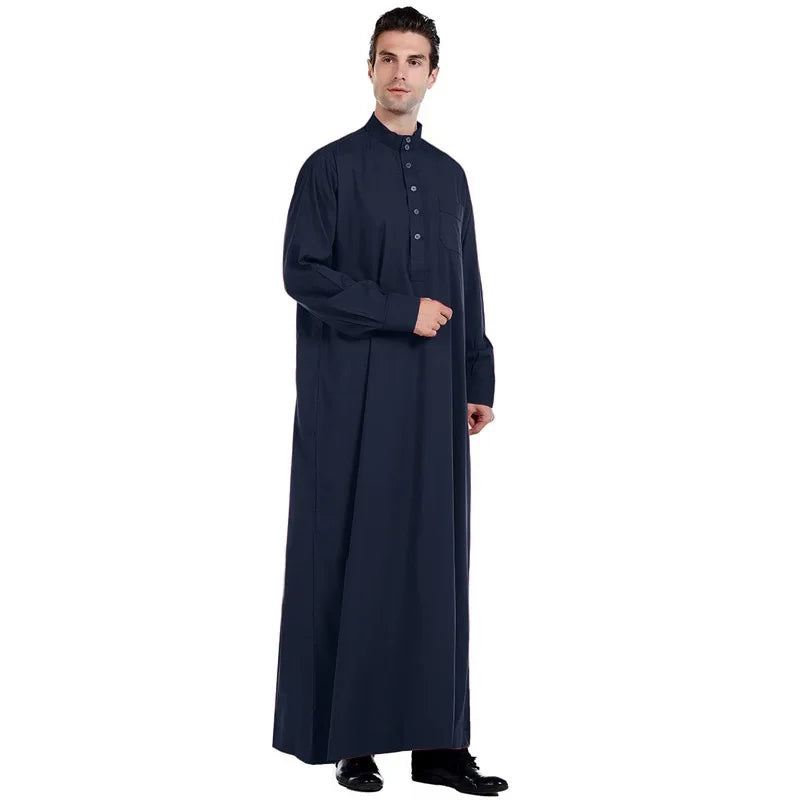 Qatar Stand Collar Polyester Men's Robe Pocket Design Loose Arab Middle East Dubai Travel Clothing