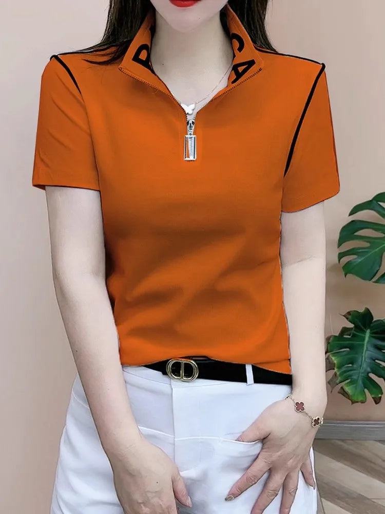 Slimming Short Sleeve Zipper T-Shirt Women's Korean Style Commute Fashion Mid-Year Mom Ladies Shirt Stand Collar Half Zipper
