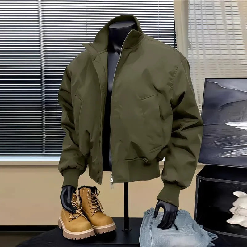 Casual American Style Men's Jacket Stand Collar Baseball Loose Fit Outerwear Windproof Zipper Closure Long Sleeve Pure Color