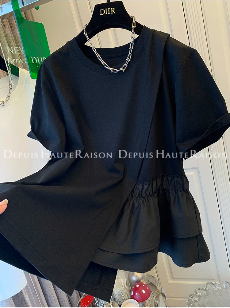 Loose Fit Pure Cotton Short Sleeve T-Shirt Women Summer Fashionable Casual Top Large Size 200 Pounds Asymmetrical Layering