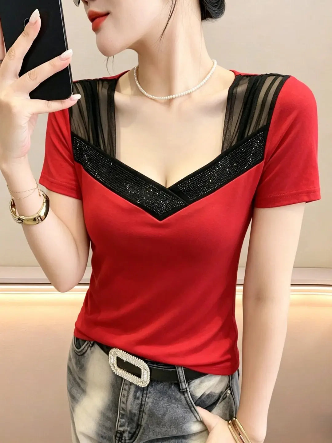Summer 2026 Women's V-neck T-shirt Mesh Splice Short Sleeve Heavy-duty Rhinestone Slimming Top Korean Style Breathable Cotton