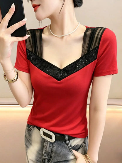 Summer 2026 Women's V-neck T-shirt Mesh Splice Short Sleeve Heavy-duty Rhinestone Slimming Top Korean Style Breathable Cotton