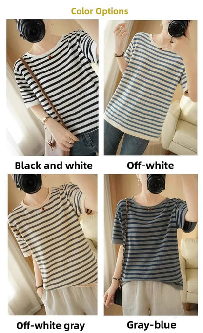 100% Pure Cotton Summer Stripe Short Sleeve T-Shirt Women Loose round Neck Vest Cotton Linen Half Sleeve Commute Style Simple