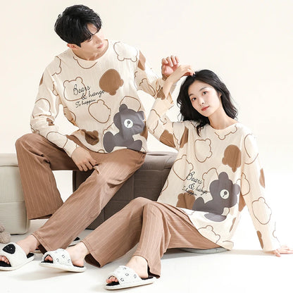 2023 New Cartoon Cute Pajamas Set for Couples Cotton Long Sleeves Sleep Top & Long Pant Spring Nightwear for Men and Women Pjs