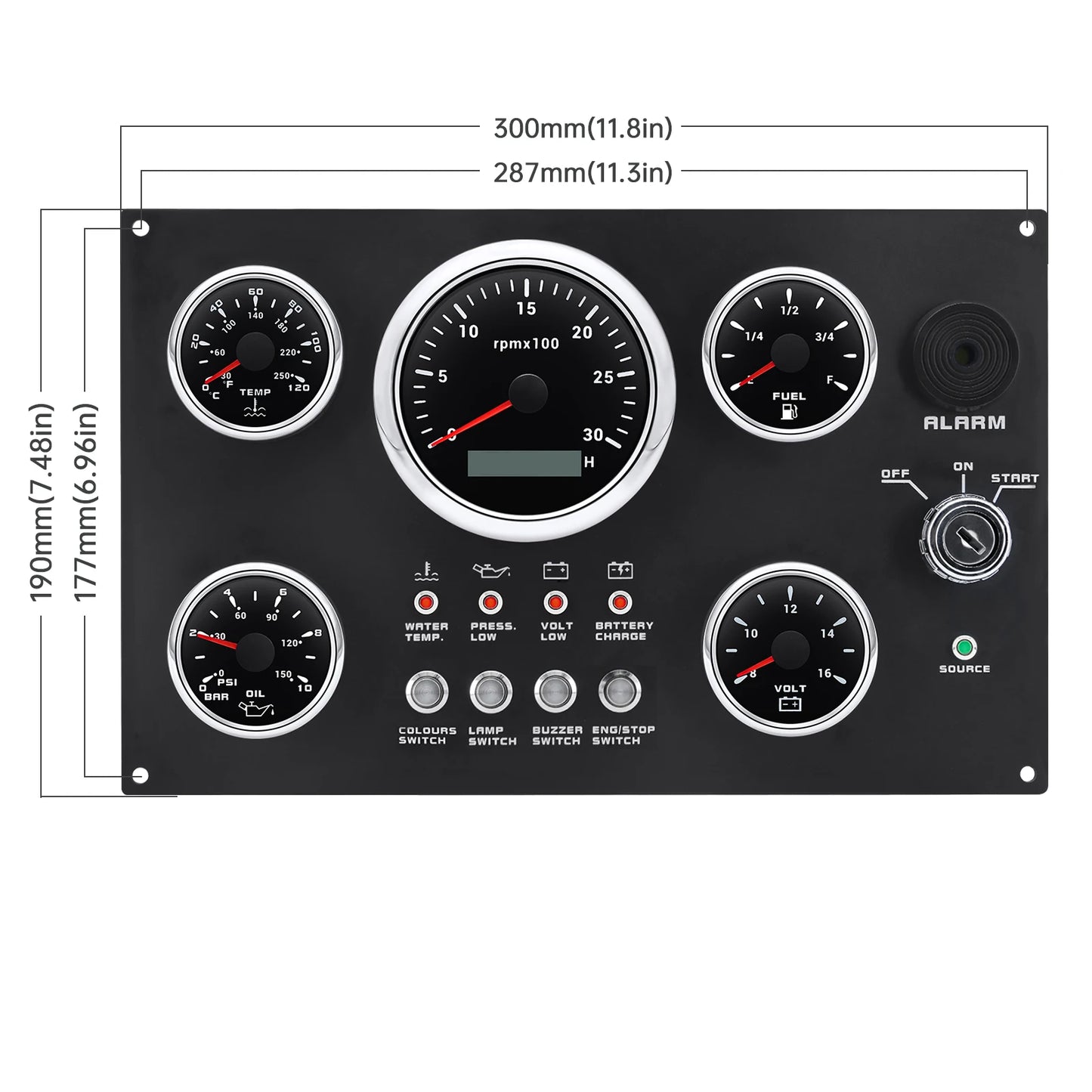 Boat Dashboard 5 Gauge Set Switch Panel 85mm Tachometer 3000rpm-8000rpm+52mm Voltmeter Oil Press Fuel Level Meter Customized