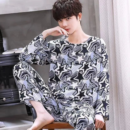Men‘s Pajama Set Long Sleeve Black Striped Fall and Winter Youth Student Nightwear Loungewear Two Piece Set Sleepwear Homewear