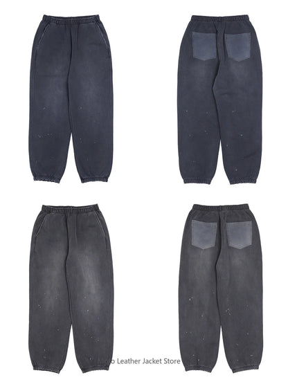 Vintage Sports Knit Sweat Pants Elastic Drawstring Splash Ink Versatile Casual Fleece Cuffed Joggers