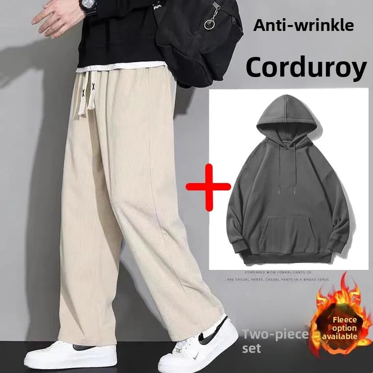 Corduroy Fleece Lined Men's Pants Autumn Winter Style Loose Straight Leg Sports Casual Set Men's Winter Fashion Trousers