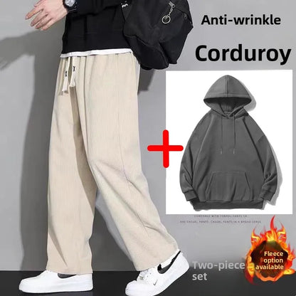 Corduroy Fleece Lined Men's Pants Autumn Winter Style Loose Straight Leg Sports Casual Set Men's Winter Fashion Trousers