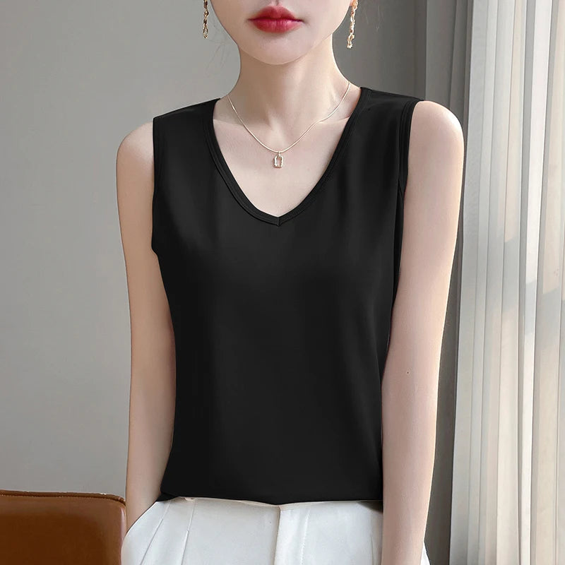 Summer New Cotton V-neck Camisole Women's Wide Shoulder Strap Bottoming Shirt Sleeveless Mercerized Cotton T-shirt