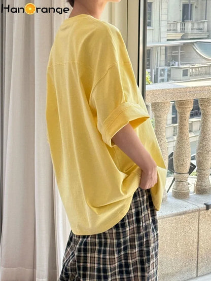 HanOrange 2026 Summer Minimalist Silhouette Short Sleeve Cotton T-shirt Women Loose Relaxed Casual Top Tees White/Yellow/Blue