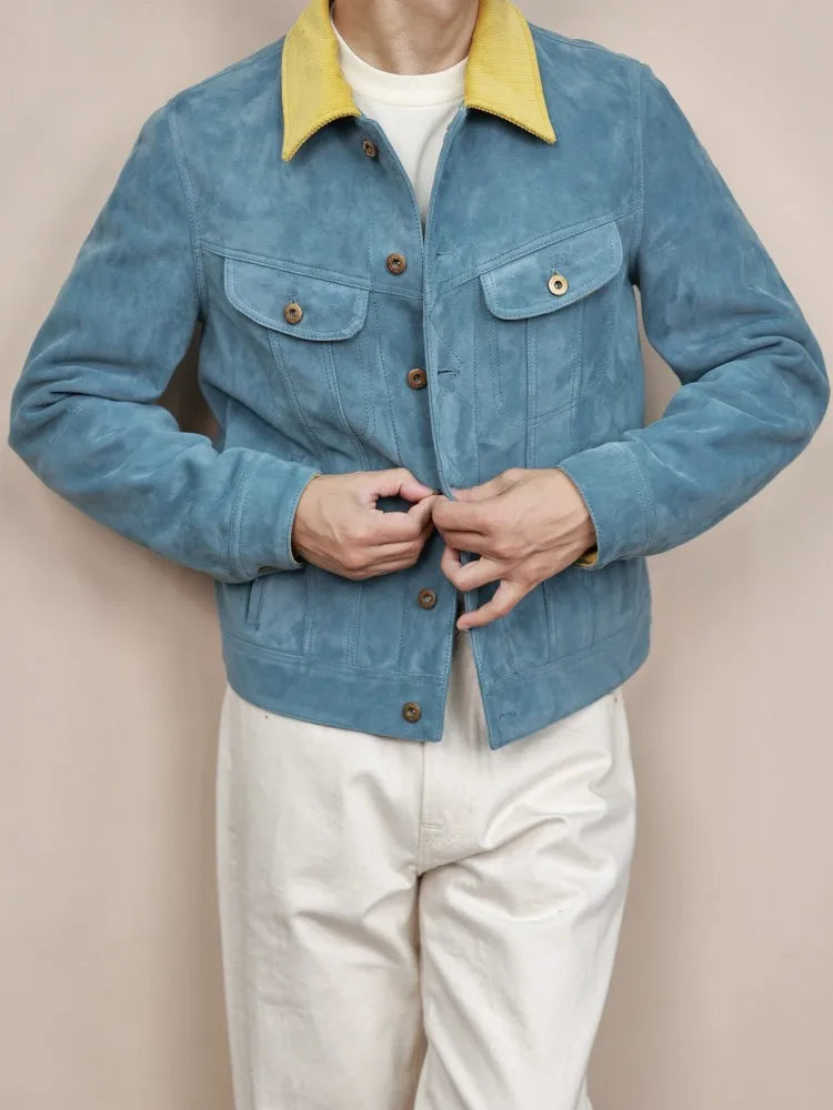 Leisure Lapel Single-Breasted Straight Men Genuine Leather Jacket Retro Solid Color Male Sheepskin Long Sleeves Outerwear