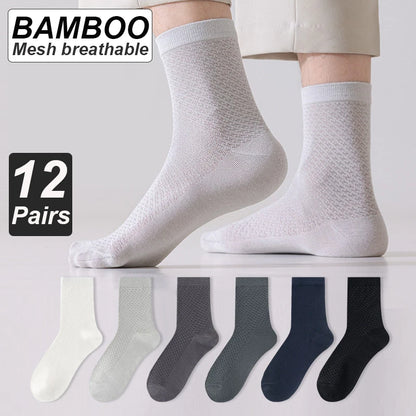 12Pairs Bamboo Fiber Socks Men Casual Business Mesh Breatheable Anti-Bacterial Comfortable High Quality Sock Male Size EU38-45