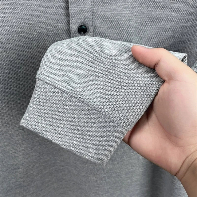 Men's 100% Cotton Long-Sleeve Polo Shirt - Light Purple Soft Knit  Breathable Business Casual Hexagon Pique Texture