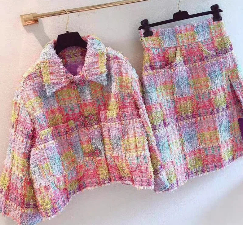 Office Ladies Elegant Mixed Colors Lattice Tweed Jacket Skirt 2 Piece Set Fashion Short Coat Split Skirts Women Matching Sets