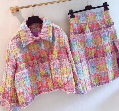 Office Ladies Elegant Mixed Colors Lattice Tweed Jacket Skirt 2 Piece Set Fashion Short Coat Split Skirts Women Matching Sets