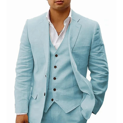 3 piece Linen Summer Men Suits for Wedding Groom Tuxedos 2026 Casual Beach Custom Man Suit Set Jacket Vest with Pants Man Fahion