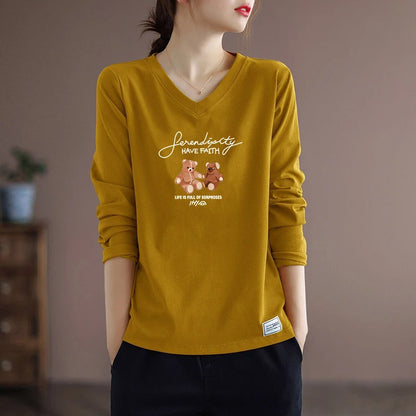 Pure Cotton Long Sleeve Women's T-shirt Autumn Season Versatile Base Layer Top Commute Style Loose Fit Regular Thickness