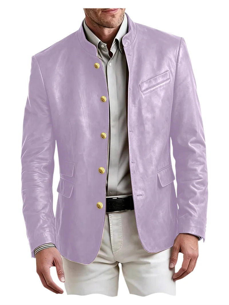 Men's Stand Collar Leather Blazer Slim Fit Single Breasted Golden Metal Buttons Multi Pocket Coat For Business Wedding Daily