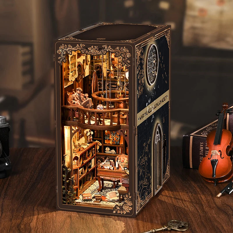 DIY Detective Mystery Book Nook Kit with LED Lights Wooden Bookend Bookshelf Insert Handmade Craft Gift for Book Lovers Adults