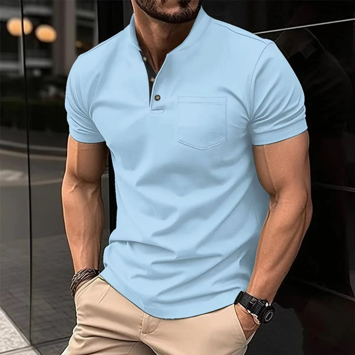Men's Casual Shirt V-Neck Button Up Versatile Color Lapel Button T-Shirt Polo Shirt for Men Casual Streetwear Summer Cool Wear
