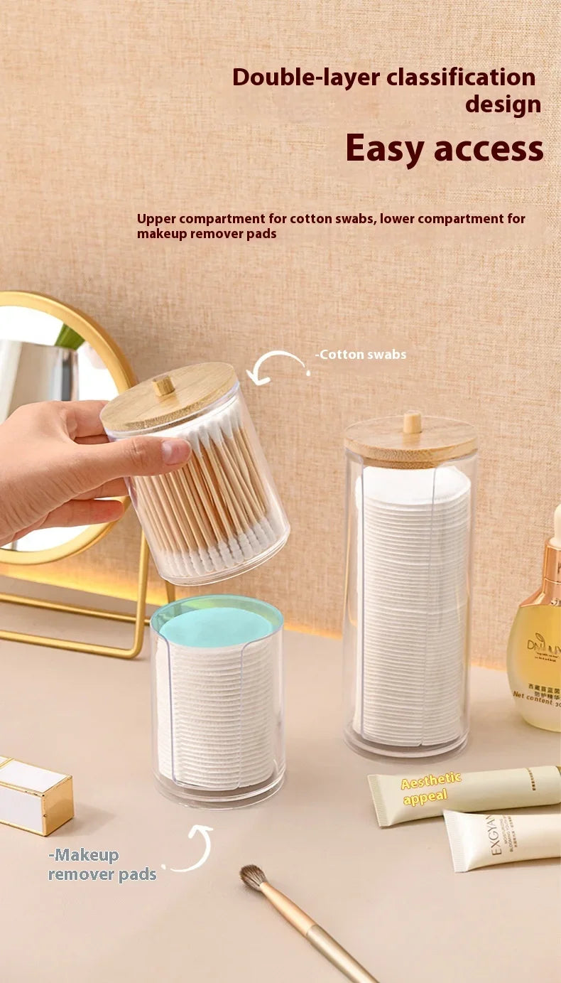 1pcs Cotton Swab Storage Box Acrylic Jar Makeup Organizer, Cotton Round Pad Holder, Q-tip Dispenser with Bamboo Lid