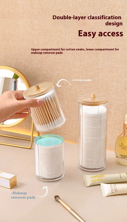 1pcs Cotton Swab Storage Box Acrylic Jar Makeup Organizer, Cotton Round Pad Holder, Q-tip Dispenser with Bamboo Lid