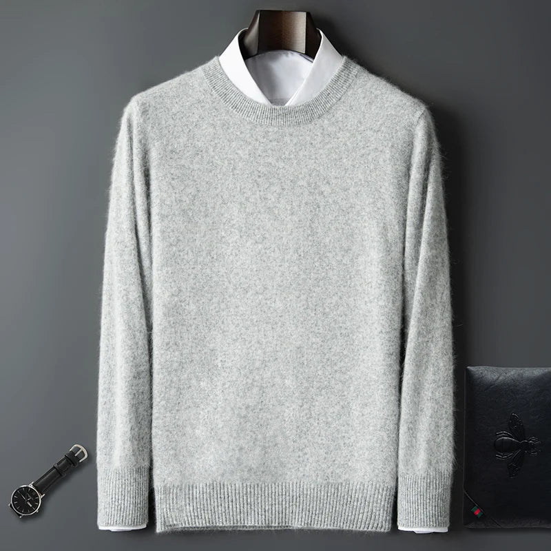 100% Pure Mink Cashmere Men's Round Neck Sweater For Autumn Winter, Casual Knitted Long Sleeved Pullover Sweater Men's Clothng