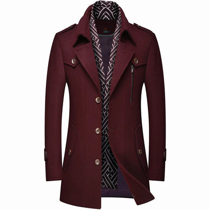 Thickened Men's Woolen Coat Scarf Collar Mid-Length Tweed Outerwear Winter Fashion Slim Fit Pocket Detail Pure Color Design