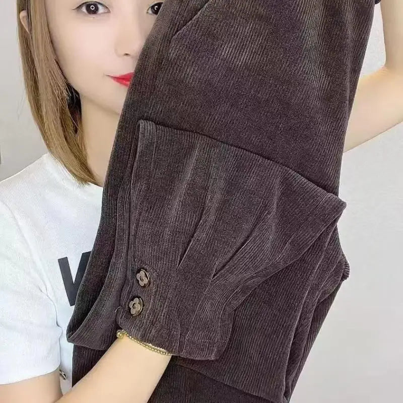 plus Size Corduroy Wide Leg Pants Women's Fleece Lined Slimming  Bootcut Trousers Autumn Winter High Waist Elastic Waist