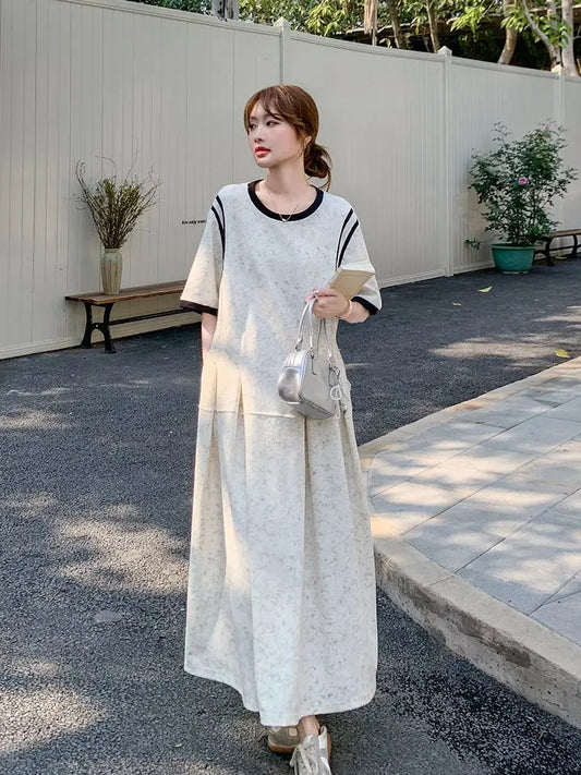 plus Size 300 Pounds Korean Style Slim Short Sleeve Dress Women's Loose Summer Age-Defying Lazy Style T-Shirt Dress