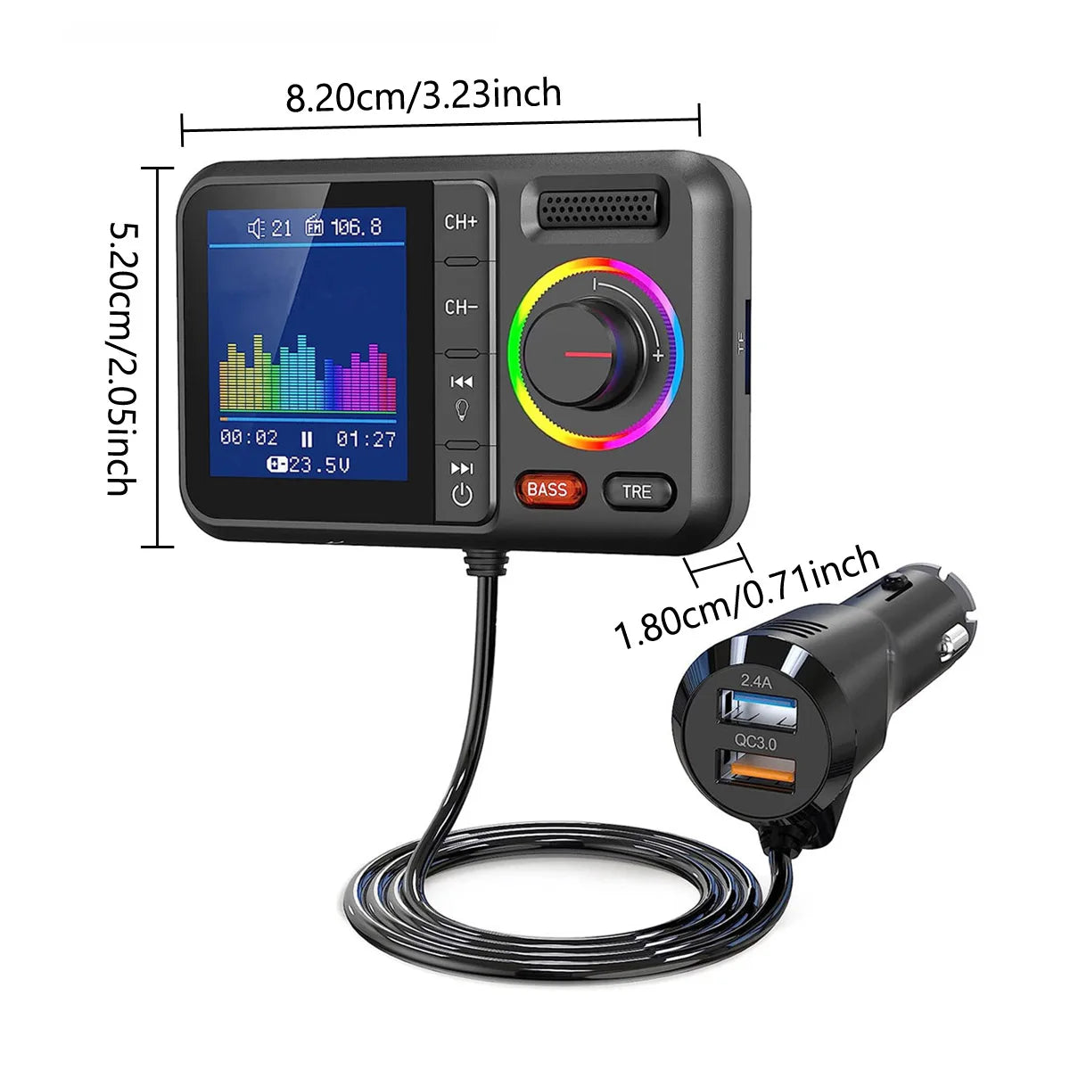 MP3 Music Player Wireless FM Transmitter with Big Color Screen 2.4A QC3.0 Dual USB Fast Charging Hands-Free Call Car AUX Adapter