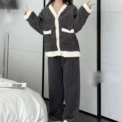 Women's Pajamas Set Winter Sleepwear O-neck Loose Long Sleeve Top Elastic Waist Leg Pant Sets Trousers Plus Size Matching Sets
