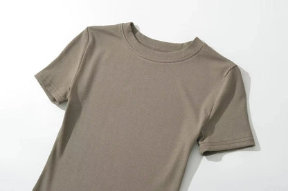 Summer Short Sleeve O-neck Knitted Bodysuits Women Stretchable Slim Basic Solid Color Tops