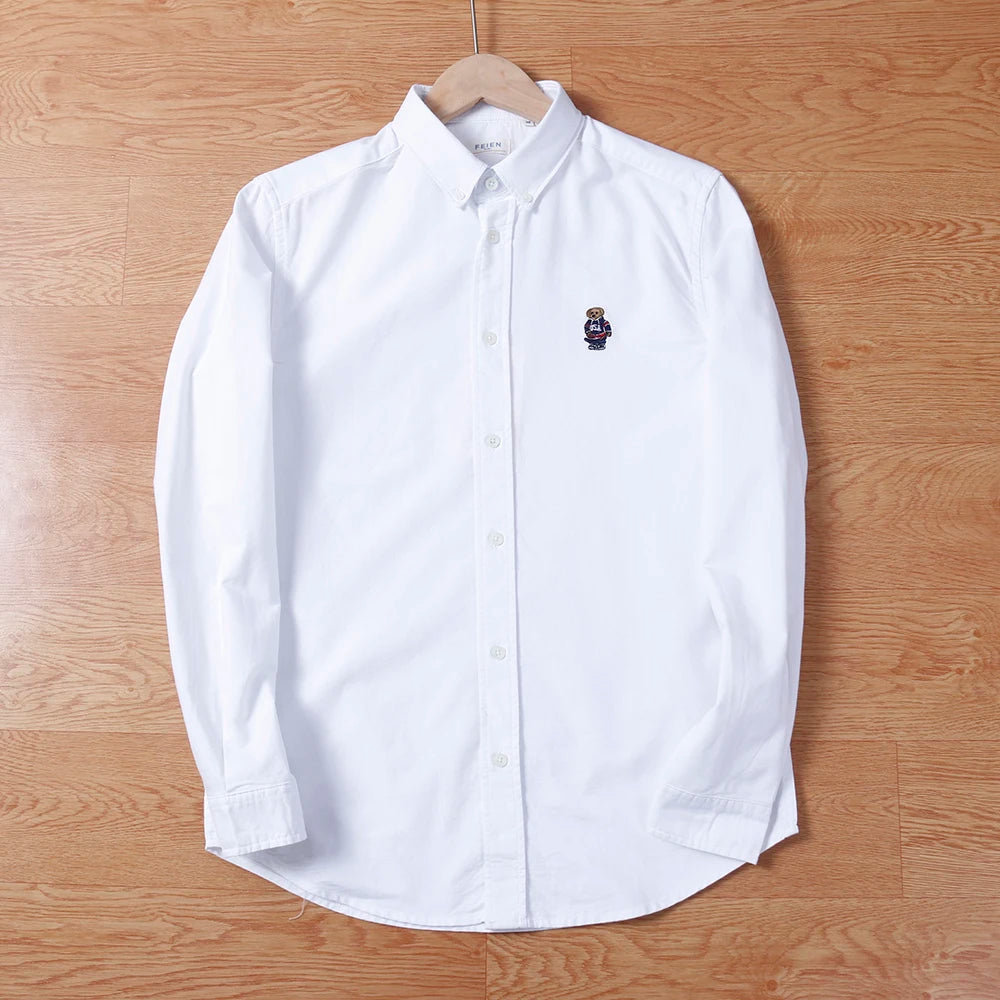 Spring Business Casual Long Sleeve Shirt Men's Cotton Oxford Cloth Embroidery Bear Pattern Inner Wear Trendy Brand Shirt
