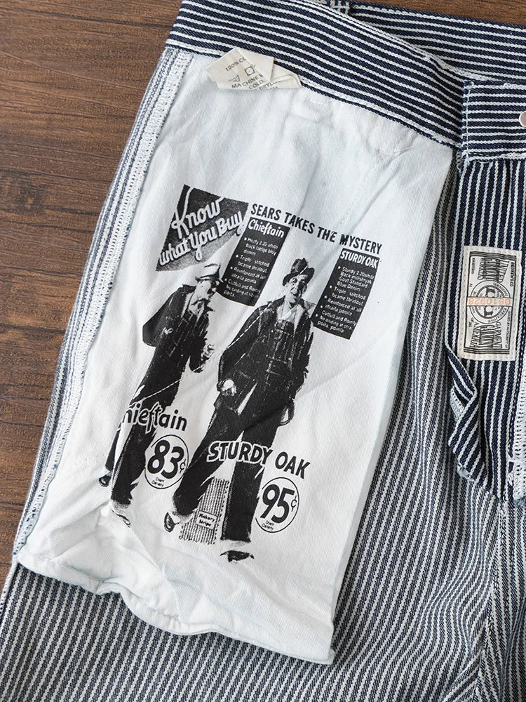 Retro American Outdoor Cotton Workwear Pants Men's Loose Straight Leg Stripe Jeans Casual Fashion Urban Style mid Waist Zippe...