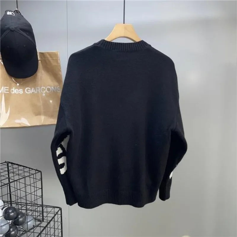 Crewneck Black Pullovers Round Collar Green Graphic Men's Clothing Knit Sweater Male Sweatshirts Japanese Retro Y2k Vintage Neck