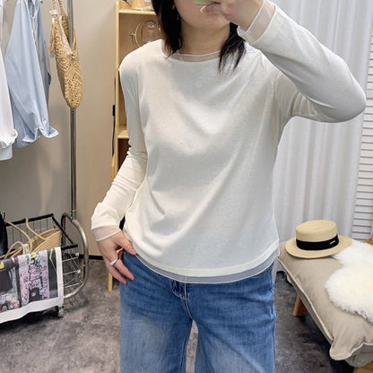 Spring New plus Size round Neck Mesh Splice Loose Long Sleeve Base Shirt Women Fat MM Slimming Belly Cover Simple T-shirt