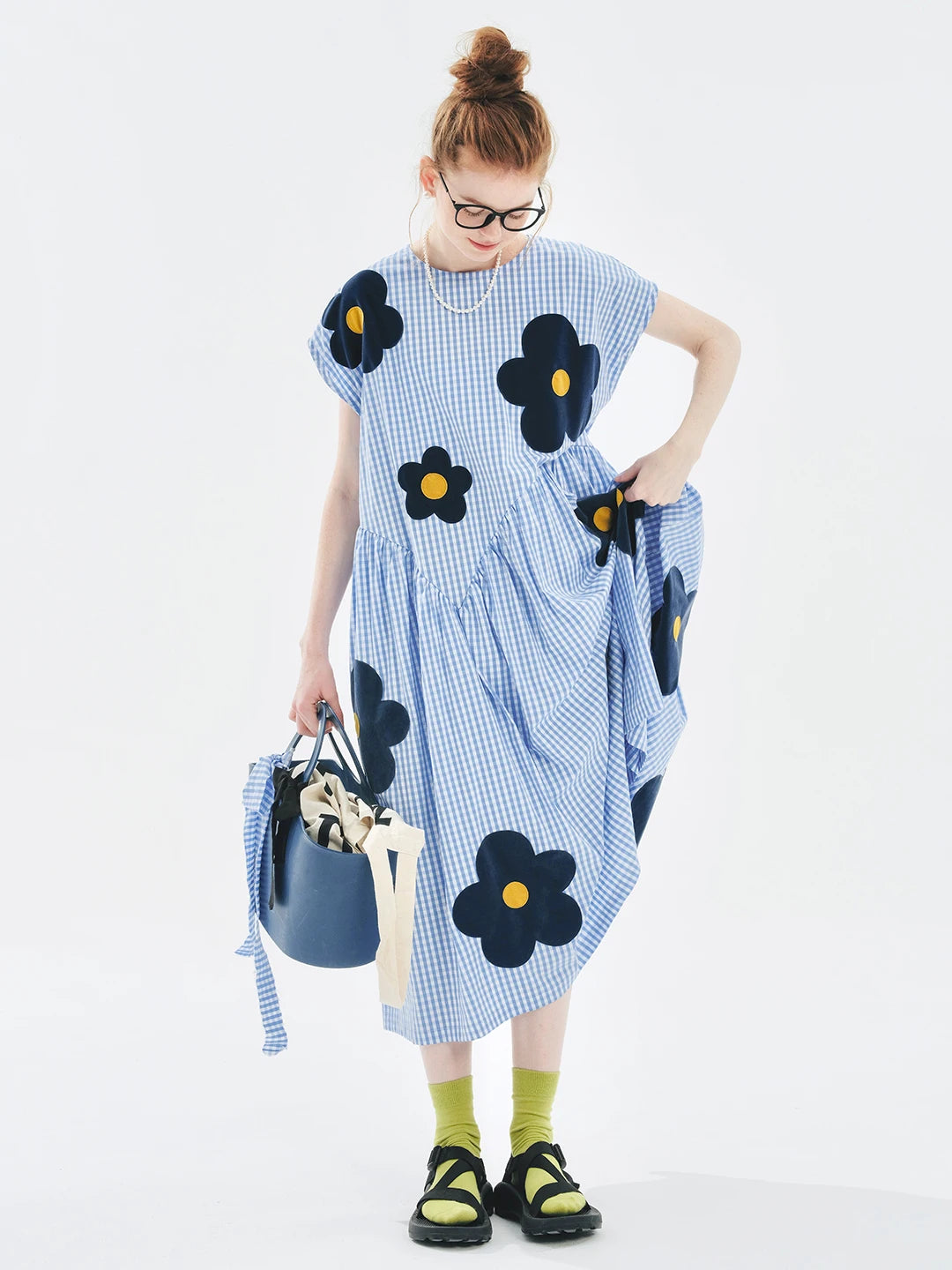 imakokoni 2024 Summer New Plush Flower Sleeve Blue Loose Dress 265495