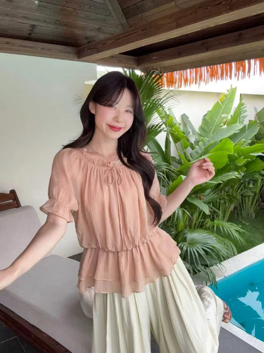 plus Size Women's Sweet Style One Shoulder Chiffon Top Summer Slimming Shirt Casual Loose Fit Short Sleeve Regular Length