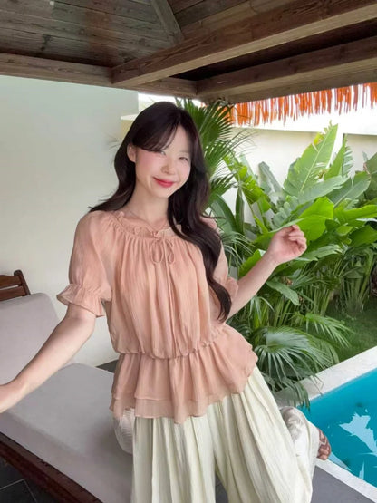 plus Size Women's Sweet Style One Shoulder Chiffon Top Summer Slimming Shirt Casual Loose Fit Short Sleeve Regular Length