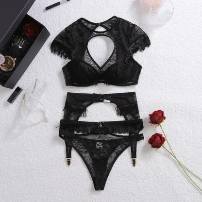 Light Chinese style tassel decoration, perspective splicing, lace shaping, backless, and airy sexy lingerie three piece set