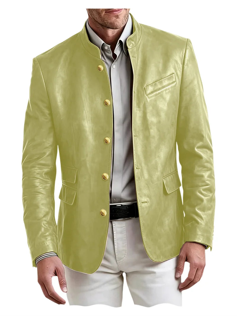Men's Stand Collar Leather Blazer Slim Fit Single Breasted Golden Metal Buttons Multi Pocket Coat For Business Wedding Daily