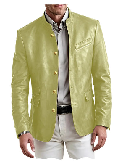 Men's Stand Collar Leather Blazer Slim Fit Single Breasted Golden Metal Buttons Multi Pocket Coat For Business Wedding Daily