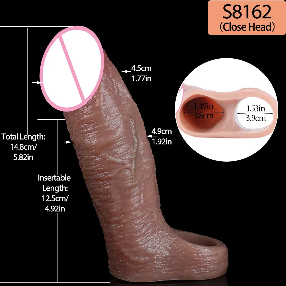 SXXY Penis Sleeve Realistic Male Penis Enlarger Extender Silicone Cock Ring Ultra Close Head Hollow Dildo Sex Toys For Adult