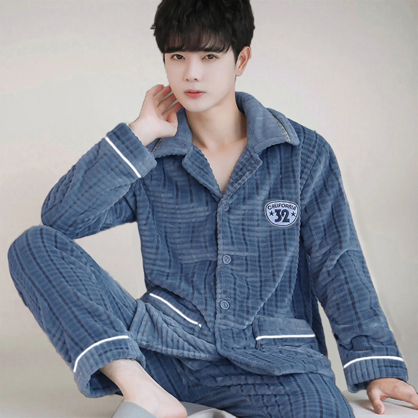 Men's Thickened Flannel Pajamas Coral Fleece Home Clothes Cardigan Set Long Sleeve Long Pants Soft Warm Winter Autumn Sleepwear