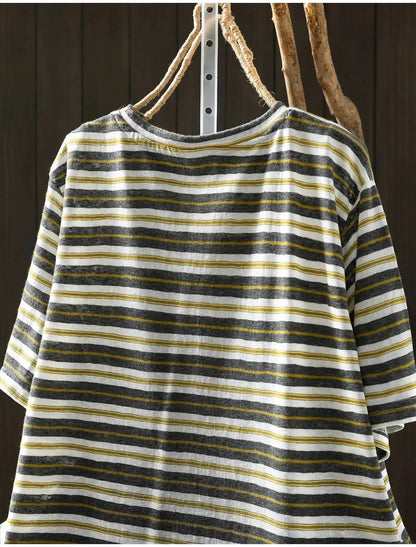 Women Summer Short-sleeve T-shirt 2026 Summer New Stylish Striped Single-pocket Loose T-shirt ZXY154