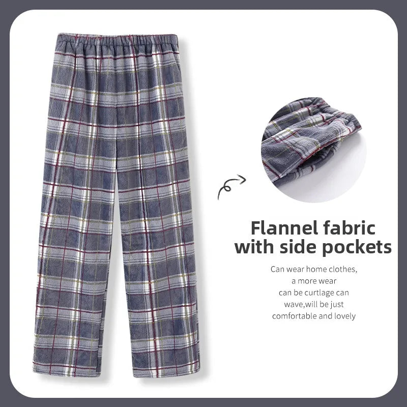 Men's Winter Thickened Fleece Coral Velvet Home Clothes Pants Plaid Patterned Home Pants Warm Comfortable mid Waist Elastic