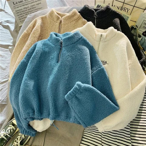 Autumn Winter Fleece Lined Half Zip up Stand Collar Sweatshirt Women's Loose Short Style Lamb Velvet Student Top Coat