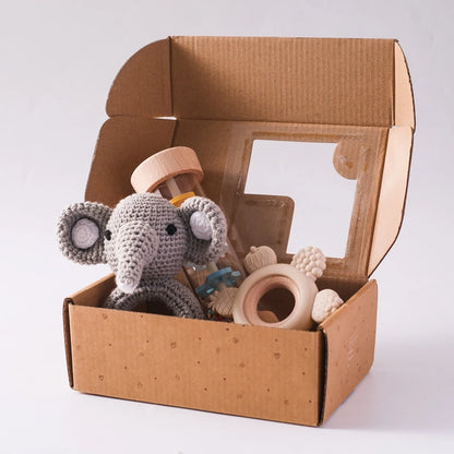 Baby Rattle Set Present Box Crochet Animal Toy Cartoon Flower Teether Rain Tube 0-12 Months Baby Sensory Toy Set Newborns Gifts